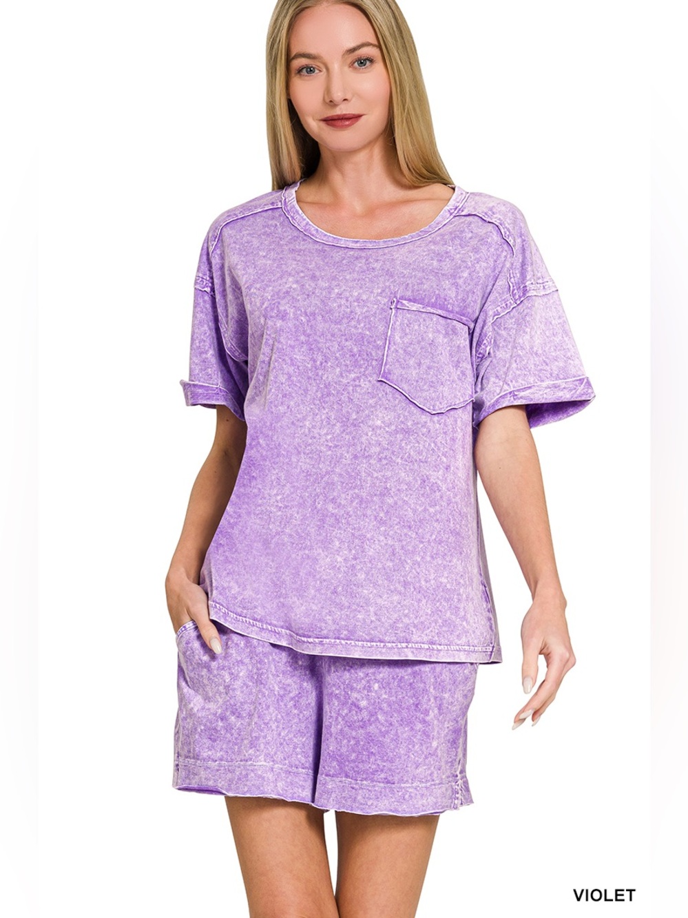 Zenana Snow Washed Top & Shorts Set Violet Exposed Seam Lounge Set S M L🛍️